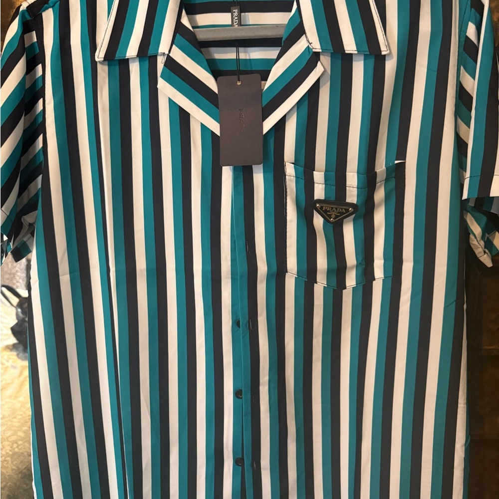 Prada Striped Silk Button Down Shirt Teal White Black Logo NWT Men’s